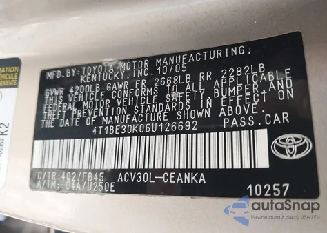 2006 Toyota Camry Le из США, поврежденный, VIN 4T1BE30K06U126692